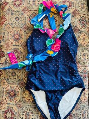 Matilda Jane Navy One-Piece Swimsuit with Pink Polka Dots & Floral Tie